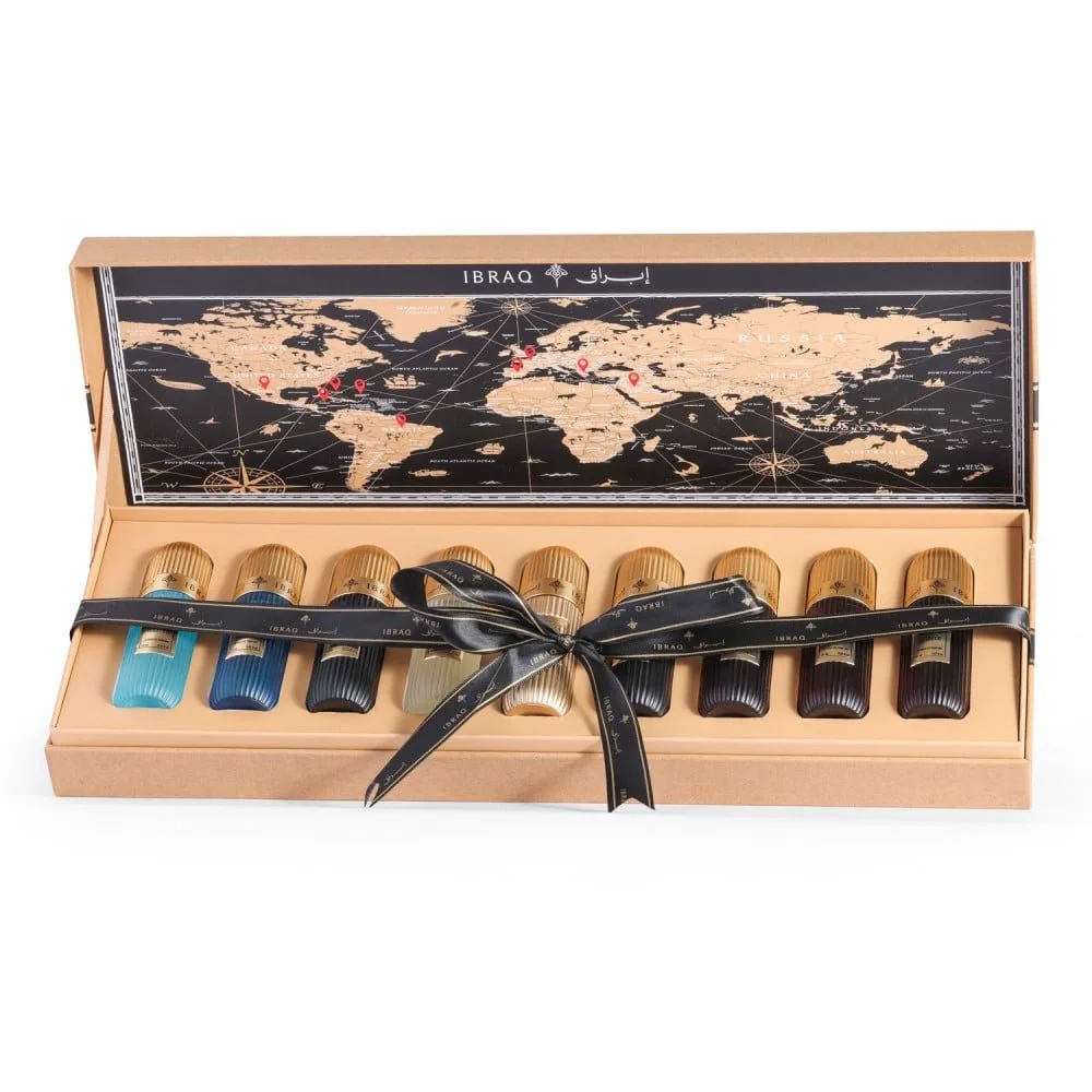 tobacco-collection-ibraheem-al-qurashi-open-box-with-ribbons-al-rashid-galleria-uk Ibraq Tobacco Collection Set 180ml set - Image 1
